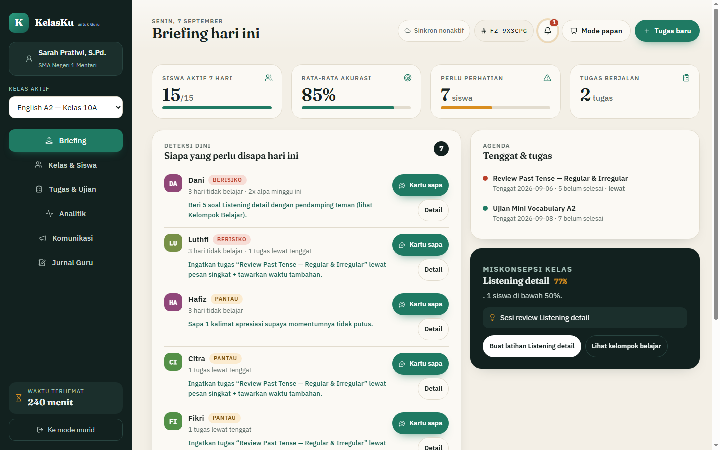 Tampilan Nyata Dashboard KelasKu untuk Guru